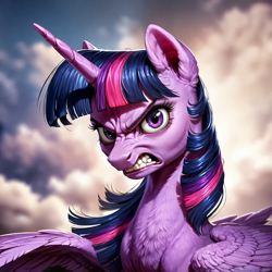 Size: 1024x1024 | Tagged: safe, ai content, derpibooru import, generator:pony diffusion v6 xl, machine learning generated, twilight sparkle, twilight sparkle (alicorn), alicorn, pony, g4, angry, anonymous prompter, bust, chest fluff, cloud, detailed, female, furious, gritted teeth, looking at you, mare, portrait, scowl, solo, teeth, wings