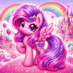 Size: 1086x1080 | Tagged: safe, ai content, derpibooru import, edit, generator:bing image creator, machine learning generated, oc, oc:emilia starsong, pegasus, pony, balloon, castle, cloudcity, fantasy world, female, girly girl, glitter, happy, long hair, looking at you, pegasus oc, pink, pink fur, prompter:emilia starsong, rainbow, solo, stars