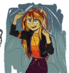 Size: 948x1000 | Tagged: safe, artist:tttthunderbolt, derpibooru import, sunset shimmer, human, equestria girls, clothes, female, jacket, not fiery shimmer, open mouth, pants, smiling, solo