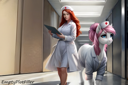 Size: 3072x2048 | Tagged: safe, ai content, derpibooru import, editor:emptyplotfiller, machine learning assisted, machine learning generated, nurse redheart, oc, oc:becky, earth pony, human, fanfic:crossing the trixie bridge:a new life in the crystal empire, ponyville hospital