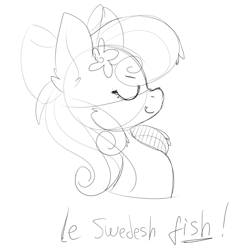 Size: 764x800 | Tagged: safe, artist:lunylin, derpibooru import, oc, oc only, oc:peach blossom, fish, merpony, pony, bowtie, bust, eyes closed, monochrome, sketch, solo, species swap