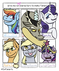 Size: 1668x2018 | Tagged: safe, artist:theedgyduck, derpibooru import, applejack, derpy hooves, discord, rainbow dash, rarity, twilight sparkle, draconequus, earth pony, pegasus, pony, unicorn, :p, breaking the fourth wall, crown, discord being discord, element of magic, jewelry, reaching, regalia, six fanarts, tongue, tongue out