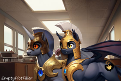 Size: 3072x2048 | Tagged: safe, ai content, derpibooru import, editor:emptyplotfiller, machine learning assisted, machine learning generated, bat pony, unicorn, fanfic:crossing the trixie bridge:a new life in the crystal empire, male, night guard, ponyville hospital, stallion