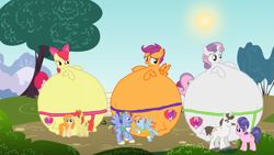 Size: 1079x609 | Tagged: safe, artist:simonstudio587, derpibooru import, apple bloom, bow hothoof, bright mac, cookie crumbles, hondo flanks, pear butter, scootaloo, sweetie belle, windy whistles, earth pony, pegasus, pony, unicorn, 1000 years in photoshop, adopted, adopted daughter, adopted offspring, apple bloom's bow, bow, father and child, father and daughter, female, filly, foal, grin, hair bow, headcanon, huge, inflation, male, mare, mother and child, mother and daughter, open mouth, open smile, parent and child, scootadoption, smiling, spherical inflation, spread wings, stallion, story included, sumo, wings