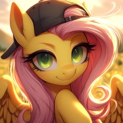 Size: 4096x4096 | Tagged: safe, ai content, derpibooru import, generator:bing image creator, machine learning generated, fluttershy, pegasus, g4, absurd resolution, backwards ballcap, baseball cap, cap, female, hat, looking at you, mare, outdoors, prompter:enterusxrname, raised hoof, raised leg, smiling, smiling at you, solo, upscaled