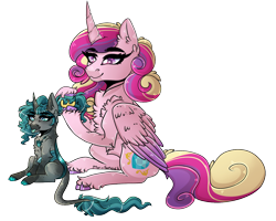 Size: 1250x1000 | Tagged: safe, artist:mr-snack, derpibooru import, princess cadance, oc, oc:aurora, changepony, hybrid, interspecies offspring, offspring, parent:queen chrysalis, parent:shining armor, parents:shining chrysalis, simple background, transparent background