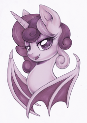 Size: 2016x2851 | Tagged: safe, artist:ailish, derpibooru exclusive, derpibooru import, oc, oc only, oc:cinnamon music, alicorn, pony, undead, vampire, vampony, bat wings, bust, commission, ears, fangs, horn, monochrome, solo, wings, ych result