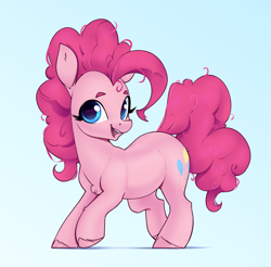 Size: 2600x2560 | Tagged: safe, artist:aquaticvibes, derpibooru import, pinkie pie, earth pony, pony, g4, cute, diapinkes, female, gradient background, happy, light blue background, looking at you, mare, open mouth, open smile, simple background, smiling, smiling at you, solo