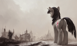 Size: 1280x768 | Tagged: safe, ai content, derpibooru import, generator:pony diffusion v6 xl, generator:stable diffusion, machine learning generated, twilight sparkle, pony, unicorn, g4, black and white, butt, city, cutie mark, dark, grayscale, hair, horn, monochrome, nudity, plot, prompter:yuduz367, rear view, solo