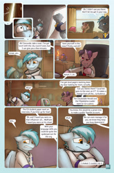 Size: 2079x3142 | Tagged: safe, artist:captainhoers, derpibooru import, oc, oc only, oc:concorde, oc:dusky meadows, pegasus, pony, comic:stardust:the sky belongs to no one, comic, computer, desk, dialogue, ears, floppy ears, gritted teeth, high res, lava lamp, male, nonbinary, offspring, parent:soarin', parent:spitfire, parents:soarinfire, pegasus oc, speech bubble, stallion, teeth, trio, uncomfortable