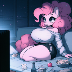 Size: 1024x1024 | Tagged: safe, ai content, derpibooru import, machine learning generated, pinkie pie, anthro, earth pony, g4, adorasexy, apple, bare shoulders, big breasts, blank expression, bottle, bra, bra strap, breasts, clothes, curvy, cute, dark room, empty eyes, female, food, huge breasts, implied transformation, implied transgender transformation, messy, midriff, pinkie pies, prompter:horselover fat, sexy, shorts, shoulderless, sitting, sofa, solo, story in the source, story included, stupid sexy pinkie, television, underwear, watching tv, white shirt