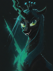 Size: 864x1168 | Tagged: safe, ai content, derpibooru import, generator:pony diffusion v6 xl, generator:purplesmart.ai, generator:stable diffusion, machine learning generated, queen chrysalis, changeling, changeling queen, fangs, female, green eyes, prompter needed, smiling, smirk, solo
