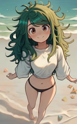 Size: 640x1024 | Tagged: safe, ai content, derpibooru import, editor:sammykun, generator:purplesmart.ai, generator:stable diffusion, machine learning generated, wallflower blush, human, g4, beach, belly button, bikini, bikini bottom, breasts, busty wallflower blush, clothes, cute, female, flowerbetes, high angle, humanized, long hair, looking at you, looking up, looking up at you, messy hair, midriff, ocean, prompter:sammykun, sand, smiling, swimsuit, water, white shirt