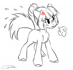 Size: 1998x1892 | Tagged: safe, artist:opalacorn, derpibooru import, oc, oc only, earth pony, pony, angry, behaving like a cat, breath, chest fluff, commission, cross-popping veins, ears back, emanata, female, frown, furrowed brow, grayscale, mare, monochrome, partial color, simple background, solo, wavy mouth, white background