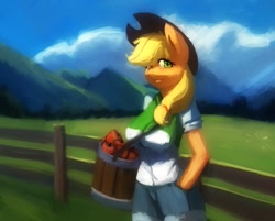 Size: 1259x1013 | Tagged: safe, artist:idlyadonte, derpibooru import, applejack, anthro, earth pony, apple, applerack, breasts, bucket, clothes, equestria girls outfit, female, fence, food, looking at you, mare, scenery, smiling, smiling at you, solo