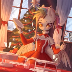 Size: 3000x3000 | Tagged: safe, artist:avroras_world, derpibooru import, oc, oc only, anthro, pegasus, unicorn, christmas, christmas outfit, christmas tree, clothes, detached sleeves, dress, emanata, exclamation point, female, fork, frown, high res, holiday, looking through the window, mare, multicolored hair, non-pony oc, plate, present, rainbow hair, solo focus, tree, window