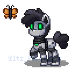 Size: 640x640 | Tagged: safe, derpibooru import, edit, oc, oc only, oc:horsepower, butterfly, pony, robot, robot pony, curious, looking up, metal, pony town, simple background, solo, transparent background