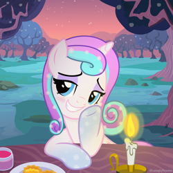 Size: 2000x2000 | Tagged: safe, artist:lovinglypromise, derpibooru import, oc, oc only, oc:lovely promise, pony, apple, apple tree, candle, candlelight, date, date night, dinner, female, flirting, looking at you, not flurry heart, offspring, parent:princess cadance, parent:shining armor, parents:shiningcadance, seductive look, seductive pose, smiling, smiling at you, snow, snowflake, solo, sunset, sweet apple acres, tree