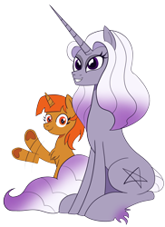 Size: 1638x2253 | Tagged: safe, artist:feralroku, derpibooru exclusive, derpibooru import, oc, oc only, oc:sugar maple, oc:umbra, unicorn, 2024 community collab, derpibooru community collaboration, duo, female, irc, looking at you, mare, simple background, sitting, smiling, transparent background, waving