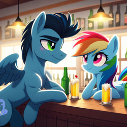 Size: 1024x1024 | Tagged: safe, ai content, derpibooru import, generator:bing image creator, machine learning generated, rainbow dash, soarin', g4, alcohol, bar, beer, female, folded wings, looking at each other, looking at someone, male, prompter:*rainbow dash*, shipping, soarindash, spread wings, straight, wings