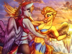 Size: 4000x3000 | Tagged: safe, artist:lupiarts, derpibooru import, rainbow dash, spitfire, anthro, pegasus, abs, alcohol, beach, beer, beer bottle, belly button, bikini, bikini top, blushing, bottle, clothes, corona beer, drunk, duo, female, lens flare, lesbian, looking at each other, looking at someone, love, romance, romantic, sand, sarong, sexy, shipping, spitdash, spread wings, stupid sexy spitfire, sunset, swimsuit, tipsy, tipsyfire, wave, wings