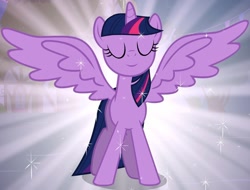 Size: 981x744 | Tagged: safe, derpibooru import, edit, edited screencap, editor:twilyisbestpone, screencap, twilight sparkle, twilight sparkle (alicorn), alicorn, pony, g4, magical mystery cure, season 3, beautiful, cropped, eyes closed, female, inverted mouth, large wings, majestic, mare, night, smiling, solo, spread wings, wings