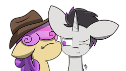 Size: 5120x2880 | Tagged: safe, artist:japkozjad, derpibooru import, oc, oc only, oc:haze rad, oc:quickdraw, pony, big ears, ears, hat, kiss on the cheek, kissing, simple background, white background