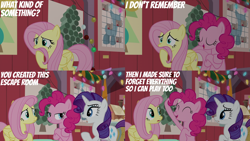 Size: 2000x1125 | Tagged: safe, derpibooru import, edit, edited screencap, editor:quoterific, screencap, fluttershy, pinkie pie, rarity, earth pony, pegasus, pony, unicorn, the great escape room, duo, duo female, female, mare, solo, trio, trio female