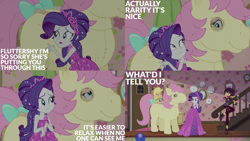 Size: 2000x1125 | Tagged: safe, derpibooru import, edit, edited screencap, editor:quoterific, screencap, applejack, fluttershy, rarity, sunset shimmer, better together, costume conundrum, equestria girls, bulk biceps' home, costume, pantomime horse, pony sized pony, quadsuit, stairs, two-person costume, vampire shimmer