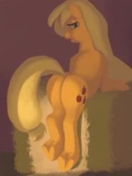 Size: 1344x1800 | Tagged: artist needed, source needed, safe, derpibooru import, applejack, earth pony, pony, g4, applebutt, butt, featureless crotch, female, hay bale, looking back, mare, plot, rear view, solo, underhoof