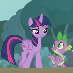 Size: 1440x1440 | Tagged: safe, derpibooru import, screencap, spike, twilight sparkle, twilight sparkle (alicorn), alicorn, dragon, pony, g4, season 9, she talks to angel, duo, duo male and female, eyebrows, female, grin, looking at each other, looking at someone, male, mare, official, raised eyebrow, smiling, smiling at each other, winged spike, wings