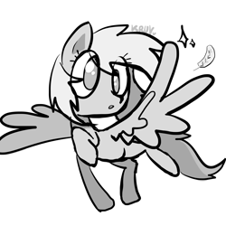 Size: 3937x3937 | Tagged: safe, artist:kruvvv, derpibooru import, derpy hooves, pegasus, pony, g4, black and white, cross-eyed, feather, flying, grayscale, high res, looking at something, looking at wing, monochrome, raised hoof, raised leg, simple, simple background, sketch, solo, spread wings, white background, wings