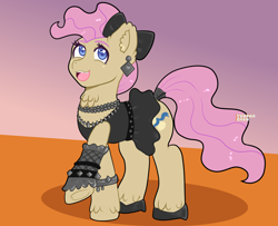 Size: 3200x2600 | Tagged: safe, artist:yumomochan, derpibooru import, mayor mare, earth pony, neigh anything, 80s mayor mare, bow, clothes, colored, dress, ear piercing, earring, female, flat colors, full body, hair bow, jewelry, mare, necklace, non-dyed mayor, piercing, pink mane, shoes, solo, solo female, standing, younger