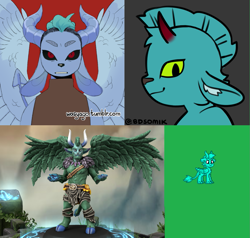 Size: 1197x1140 | Tagged: safe, artist:bdsomik, artist:wasyago, derpibooru import, oc, oc only, oc:jaakobah, anthro, original species, pony, g4, blue fur, blue hair, blue tail, creature, fan made, gray background, green background, hero forge, hooves, horn, male, male oc, meiker, meiker.io, mohawk, ms paint, non-pony oc, picrew, pointed ears, pony town, red background, simple background, solo, spread wings, tail, tumblr, wings