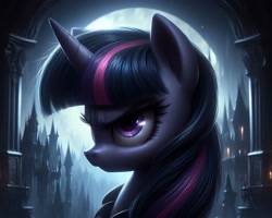 Size: 4096x3272 | Tagged: safe, ai content, derpibooru import, generator:bing image creator, machine learning generated, twilight sparkle, g4, bust, castle, dark, frown, moon, night, prompter:enterusxrname, solo, upscaled