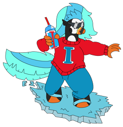 Size: 2235x2295 | Tagged: safe, artist:supahdonarudo, derpibooru import, oc, oc only, oc:icebeak, hippogriff, clothes, drink, holding, ice, mascot, pants, simple background, slushie, solo, strap, sunglasses, surfing, sweater, transparent background