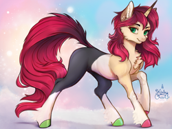 Size: 2000x1500 | Tagged: safe, artist:kirby_orange, derpibooru import, oc, oc only, pony, unicorn, beautiful, chest fluff, colored hooves, cute, ear fluff, ears, female, fit, fluffy, gift art, gradient background, green eyes, lacrimal caruncle, looking at you, makeup, mare, mare oc, piercing, pony oc, red hair, ribcage, short hair, slender, solo, thin, two toned mane, wavy hair