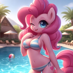 Size: 1024x1024 | Tagged: safe, ai content, derpibooru import, generator:bing image creator, generator:dall-e 3, machine learning generated, pinkie pie, anthro, earth pony, g4, absolute cleavage, belly button, bikini, breasts, cleavage, clothes, cute, diapinkes, female, looking at you, mare, one eye closed, open mouth, open smile, outdoors, pinkie pies, side-tie bikini, smiling, smiling at you, solo, striped bikini, striped swimsuit, swimming pool, swimsuit, wink, winking at you, wrong cutie mark