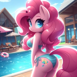 Size: 1024x1024 | Tagged: source needed, safe, ai content, derpibooru import, generator:bing image creator, generator:dall-e 3, machine learning generated, pinkie pie, anthro, earth pony, g4, ass, balloonbutt, bikini, blue swimsuit, breasts, butt, clothes, female, house, looking at you, looking back, looking back at you, looking over shoulder, mare, outdoors, prompter needed, rear view, side view, side-tie bikini, smiling, smiling at you, solo, swimming pool, swimsuit, wrong cutie mark