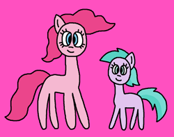 Size: 1107x871 | Tagged: safe, artist:the-rainbow-nigga420, derpibooru import, pinkie pie, earth pony, pony, series:my little filly: friendship is magic, g4, 1000 hours in ms paint, aura (g4), aurabetes, background pony, cute, diapinkes, duo, female, filly, foal, mare, ms paint, paint.net, pink background, simple background, smiling