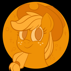 Size: 2048x2048 | Tagged: safe, artist:doughnut-doodles, derpibooru import, applejack, earth pony, pony, g4, bust, ear, female, looking at you, mare, orange background, orange eyes, orange mane, orange pony, simple background, smiling, solo