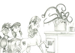 Size: 1500x1074 | Tagged: safe, artist:baron engel, derpibooru import, apple bloom, scootaloo, sweetie belle, earth pony, pegasus, pony, unicorn, g4, concave belly, cooking, cutie mark crusaders, female, filly, fit, foal, food, monochrome, muscles, pencil drawing, slender, sweetie belle can't cook, sweetie fail, thin, traditional art