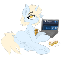 Size: 3389x3389 | Tagged: safe, artist:kotwitz, artist:vinyvitz, derpibooru exclusive, derpibooru import, oc, oc only, oc:aria taitava, pony, unicorn, 2137, butt, chest fluff, computer, cup, derpibooru, ear fluff, ears, eye clipping through hair, eyeshadow, floppy ears, food, jp2gmd, laptop computer, looking at you, lying down, makeup, meta, mug, pie, plot, polish, pope, rzułta morda, simple background, smiling, solo, transparent background