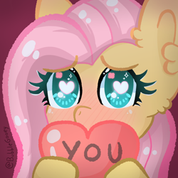 Size: 2000x2000 | Tagged: safe, artist:bubblegooey, derpibooru import, fluttershy, pegasus, pony, g4, adorable face, blushing, bust, cute, ear blush, ear fluff, ears, embarrassed, eyelashes, female, glowing, glowing eyes, green eyes, heart, heart eyes, high res, holding, looking at you, mare, pink mane, portrait, red background, shy, shyabetes, signature, simple background, solo, text, wingding eyes, yellow coat