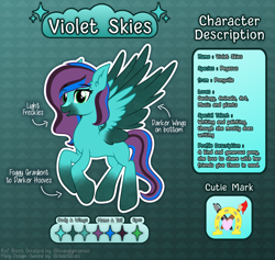 Size: 2524x2393 | Tagged: safe, artist:lovinglypromise, derpibooru import, oc, oc only, oc:violet skies, pegasus, pony, color palette, colored wings, colored wingtips, ear fluff, ears, flying, gradient hooves, gradient legs, gradient muzzle, green eyes, high res, lidded eyes, multicolored hair, multicolored mane, multicolored wings, open mouth, open smile, raised hoof, raised leg, reference sheet, simple background, smiling, solo, spread wings, teal background, text, wings