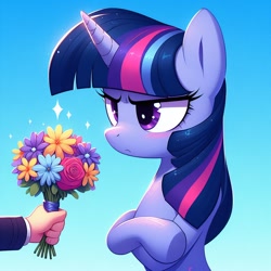 Size: 1024x1024 | Tagged: source needed, safe, ai content, derpibooru import, machine learning generated, twilight sparkle, human, unicorn, g4, bouquet, crossed arms, female, flower, frown, gradient background, hand, mare, prompter needed, twilight sparkle is not amused, unamused