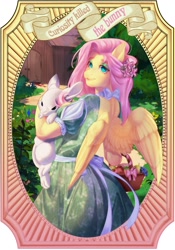 Size: 1181x1688 | Tagged: safe, artist:mifionn, derpibooru import, fluttershy, anthro, pegasus, rabbit, g4, animal, ass, backless, basket, butt, choker, clothes, dress, eyeshadow, female, flutterbutt, fruit, lidded eyes, looking at you, looking back, looking back at you, makeup, mare, smiling, smiling at you, solo