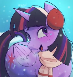 Size: 1314x1366 | Tagged: safe, artist:kimiyoyuu, derpibooru import, twilight sparkle, twilight sparkle (alicorn), alicorn, pony, g4, blushing, clothes, cute, earmuffs, female, gradient background, head turn, mare, open mouth, open smile, scarf, smiling, snow, snowfall, solo, twiabetes, winter outfit