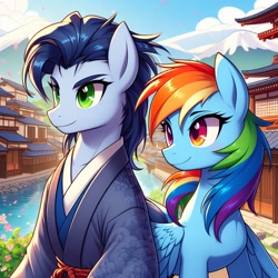 Size: 1024x1024 | Tagged: safe, ai content, derpibooru import, generator:bing image creator, machine learning generated, rainbow dash, soarin', g4, clothes, female, japan, male, prompter:*rainbow dash*, shipping, soarindash, straight, yukata