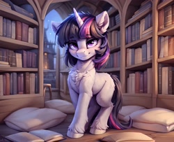 Size: 4000x3250 | Tagged: safe, ai content, derpibooru import, generator:stable diffusion, machine learning generated, twilight sparkle, unicorn twilight, pony, unicorn, g4, book, bookshelf, chest fluff, cushion, female, library, looking at you, mare, missing cutie mark, palindrome get, pillow, prompter:raif, smiling, smiling at you, solo